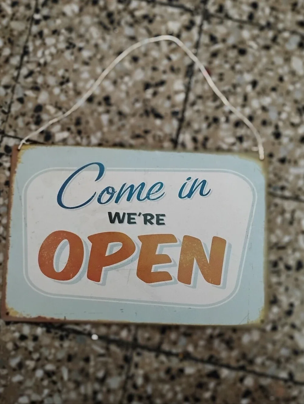 Come In We're Open Sign - Vintage Style Blue and Orange Wall Decor